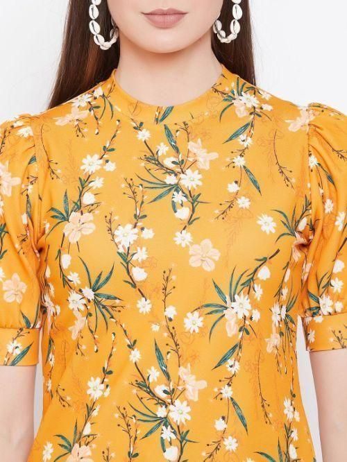 Women Polyester Floral Stretchable High Neck Top (Mustard)